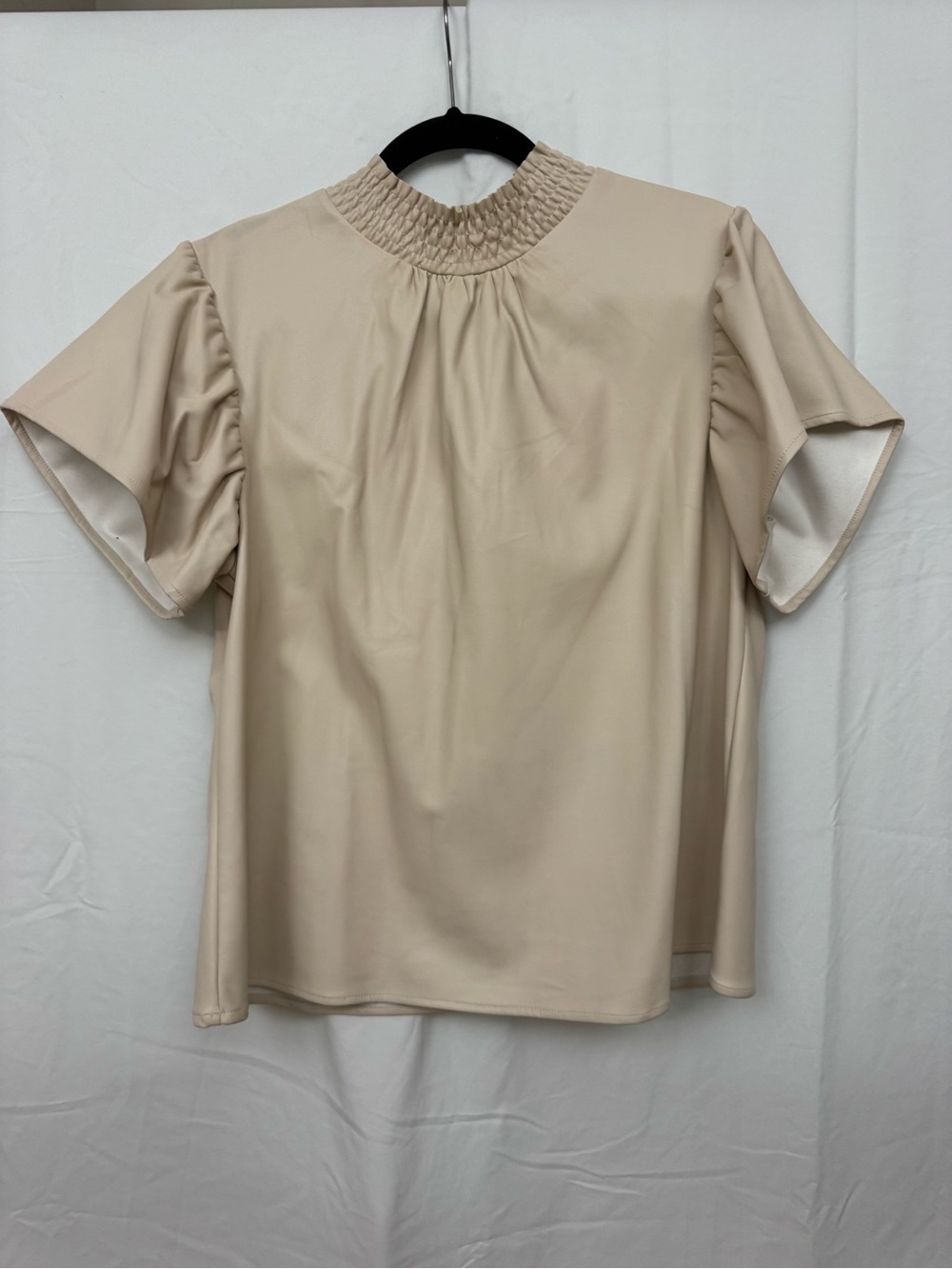 THML Faux Leather Cream Smocked Neck Short Sleeve Top